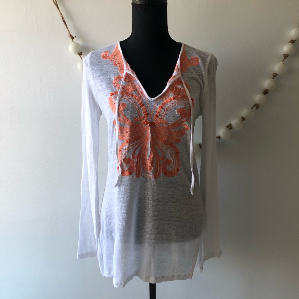 I.N.C International Concepts Linen Tunic with Peach Embroidered Women's S